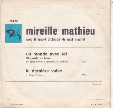 Mireille Mathieu - Un monde avec toi + La derniere valse (Vinylsingle)