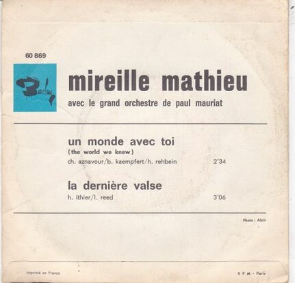 Mireille Mathieu - Un monde avec toi + La derniere valse (Vinylsingle)