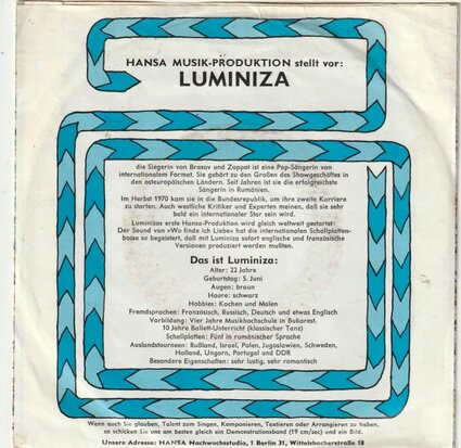 Luminiza - Wo Finde Ich Liebe? + Irgendwann  (Vinylsingle)