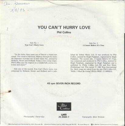 Phil Collins - You can't hurry love + I cannot believe it's (Vinylsingle)