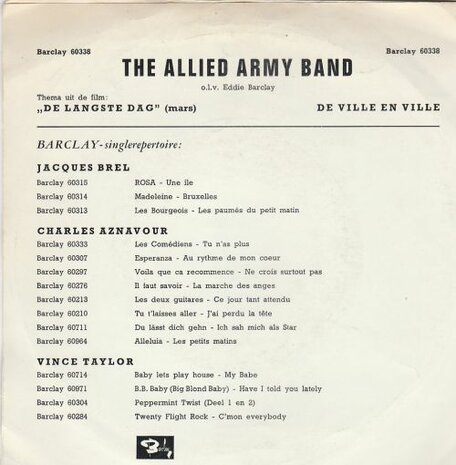 Allied Army Band - Le jour le plus long (Thema uit de film)  +  De ville en ville (Vinylsingle)