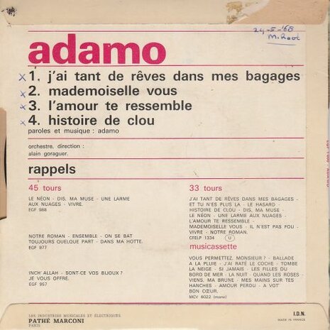 Adamo - J'ai tant de reves dans mes bagages (EP) (Vinylsingle)