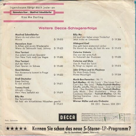 Hannelore Auer & Manfred Schnelldorfer - Kiss me darling + Irgendwann fangt doch jeder an (Vinylsingle)