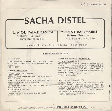 Sacha Distel - Moi J'aime Pas Ca + C'est Impossible (Vinylsingle)