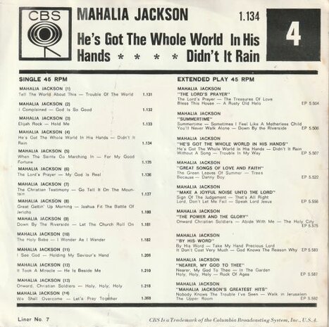 Mahalia Jackson - He's got the whole world in his hands + Didn't it rain (Vinylsingle)