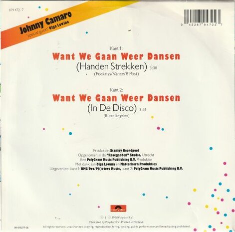 Johnny Camaro - Want we gaan weer dansen + In de disco (Vinylsingle)