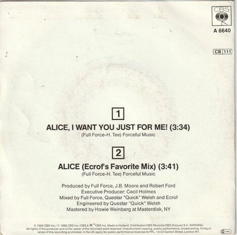 Full Force - Alice, I want you just for me + (Favorite mix) (Vinylsingle)