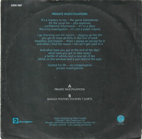Dire Straits - Private investigations + Badges posters? (Vinylsingle)