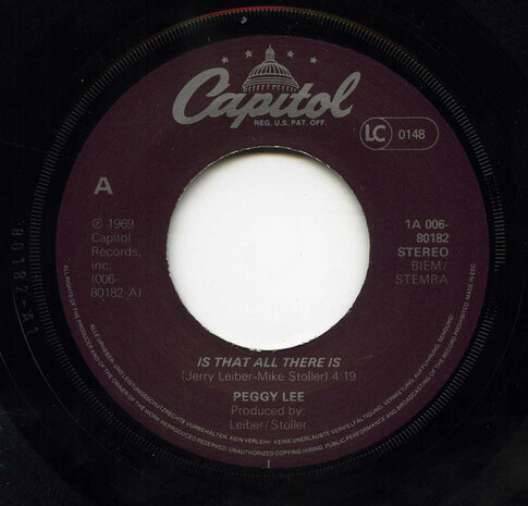 Peggy Lee - Is That All There Is + Me And My Shadow (Vinylsingle)