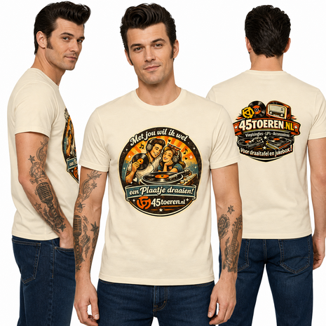 T-Shirt Beige maat L "Met Jou wil ik wel een plaatje draaien"